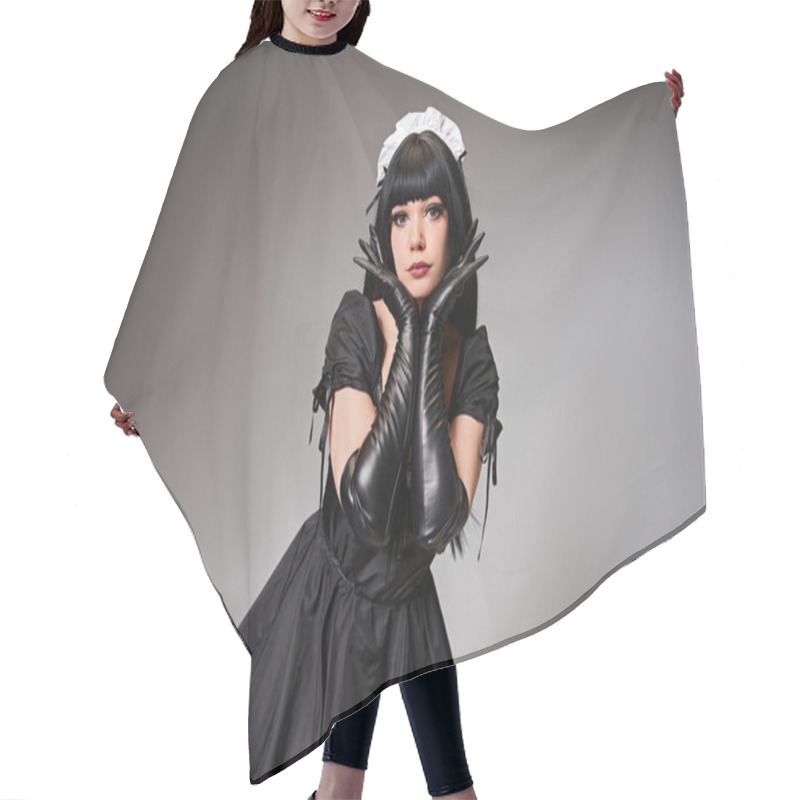 Personality  Charming Sexy Female Cosplayer In Tempting Maid Costume Looking At Camera On Gray Background Hair Cutting Cape