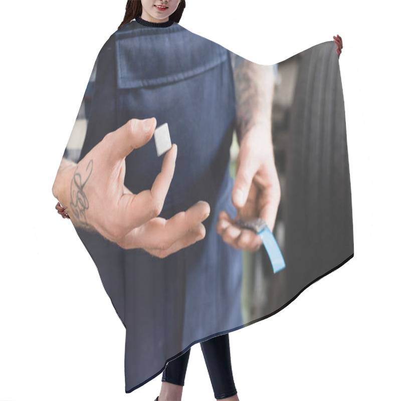 Personality  Cropped View Of Technician Holding Metallic Balancing Plate On Blurred Background Hair Cutting Cape