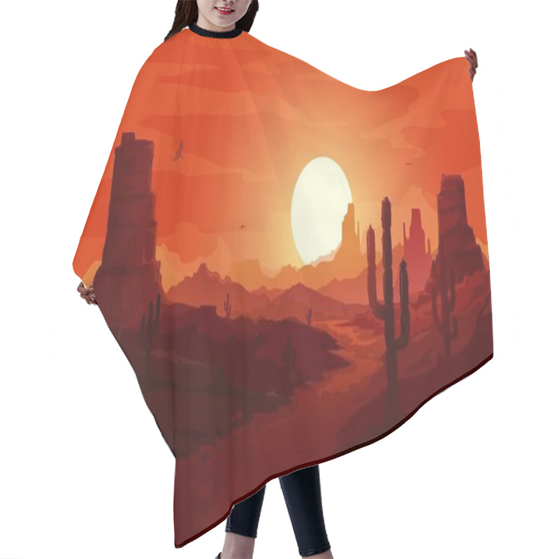 Personality  American Desert Landscape. Texas Western Mountains And Cactuses, Condor Eagles And Sunset Background. Vector Wild West Dry Desert Landscape With Path Go Through Rocks Under Red Sky At Dusk Hair Cutting Cape