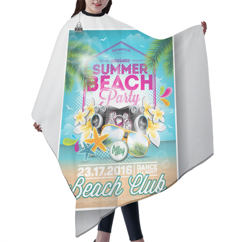 Personality  Vector Summer Beach Party Flyer Design With Typographic Elements On Ocean Landscape Background. Summer Nature Floral Elements, Palm Leaves And Sunglasses. Hair Cutting Cape