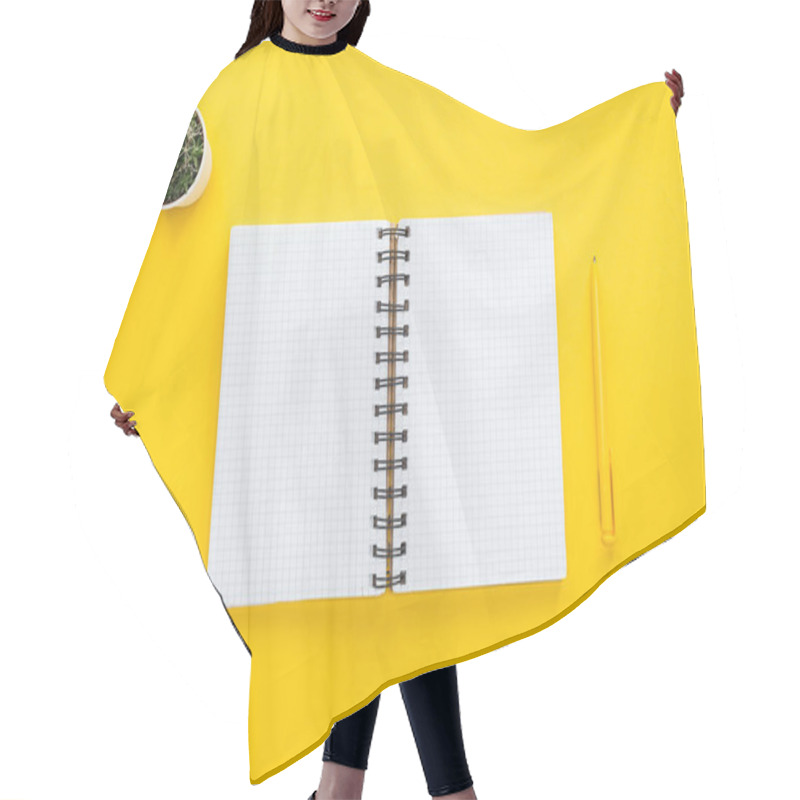 Personality  Top View Of Blank Spiral Notebook And Pen On Yellow Background Hair Cutting Cape