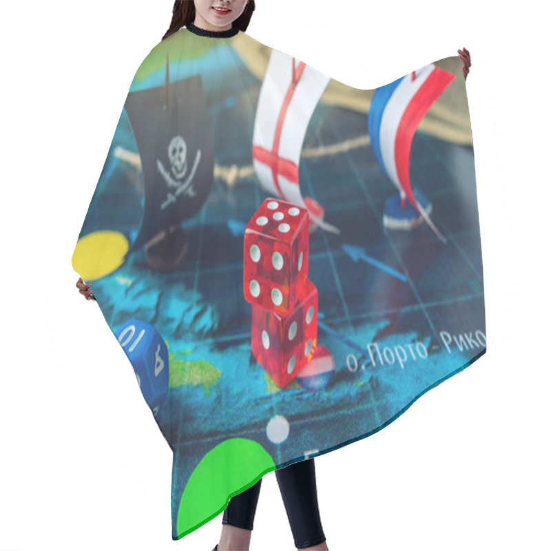 Personality  Red Playing Bones On The World Map Of The Field Handmade Board Games With A Pirate Ship Hair Cutting Cape