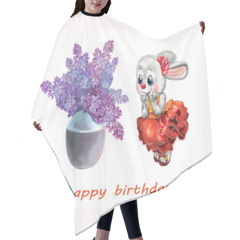 Personality  Cute Bunny In Red Dress Looking At Gift, Bouquet Of Lilacs In Vase, Happy Birthday Greeting Card, Isolated Character On White Background Hair Cutting Cape