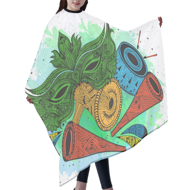 Personality  Doodle Style Party Mask And Music Instruments Illustration On Abstract Background For Carnival Celebration Banner Design.  Hair Cutting Cape