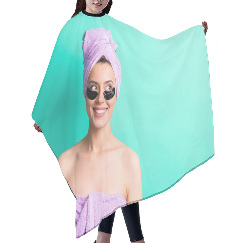 Personality  Photo Of Healthy Young Girl Patches Under Eyes Look Empty Space Wear Purple Towel Turban Isolated Teal Color Background Hair Cutting Cape