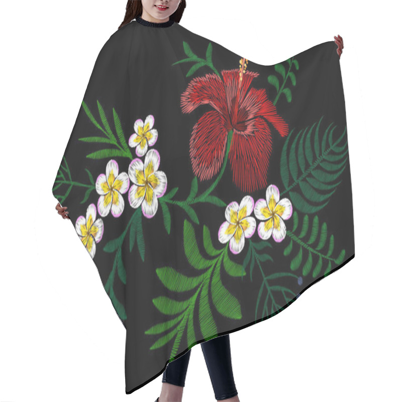 Personality  Hawaii Flower Embroidery Arrangement Patch. Fashion Print Decoration Plumeria Hibiscus Palm Leaves. Tropical Exotic Blooming Bouquet Vector Illustration Hair Cutting Cape