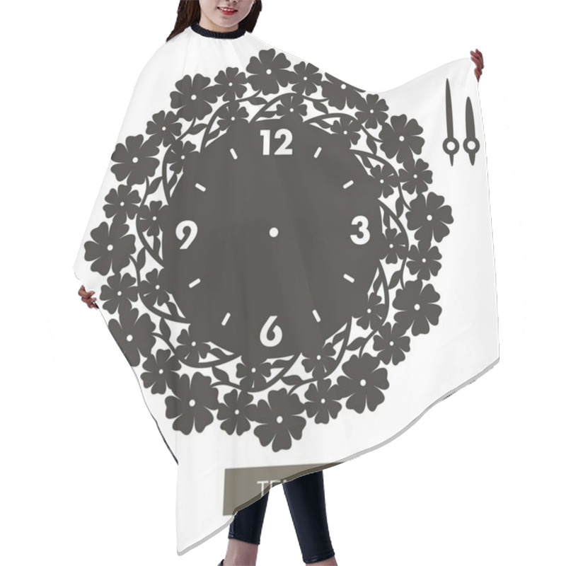 Personality  Openwork Dial With Arrows And Arabic Numerals. Silhouette Of Clock With Camomiles And Leaves On White Background. Decor For Home. Template For Laser Cutting, Wood Carving, Paper Cut And Printing. Hair Cutting Cape