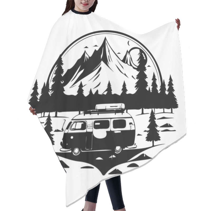 Personality  Camper Camp Camping Site With Mountains And Tree, Camping In The Woods, Campsite With Trailer Landscape In Retro Style Hair Cutting Cape