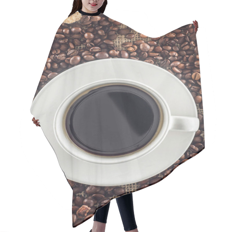 Personality  Top View Of Cup Of Coffee, Roasted Coffee Beans And Brown Sugar On Sackcloth  Hair Cutting Cape