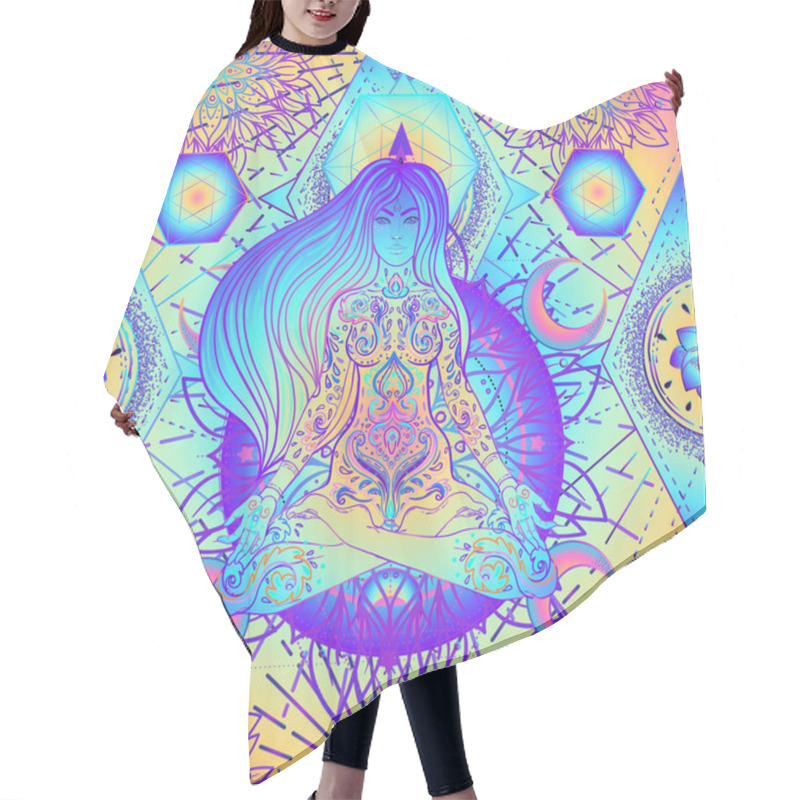 Personality  Psychedelic Seamless Pattern With Magic Girl Sitting And Meditation In Lotus Position Over Geometry. Vector Repeating Illustration. Psychedelic Concept. Esoteric Art. Hair Cutting Cape