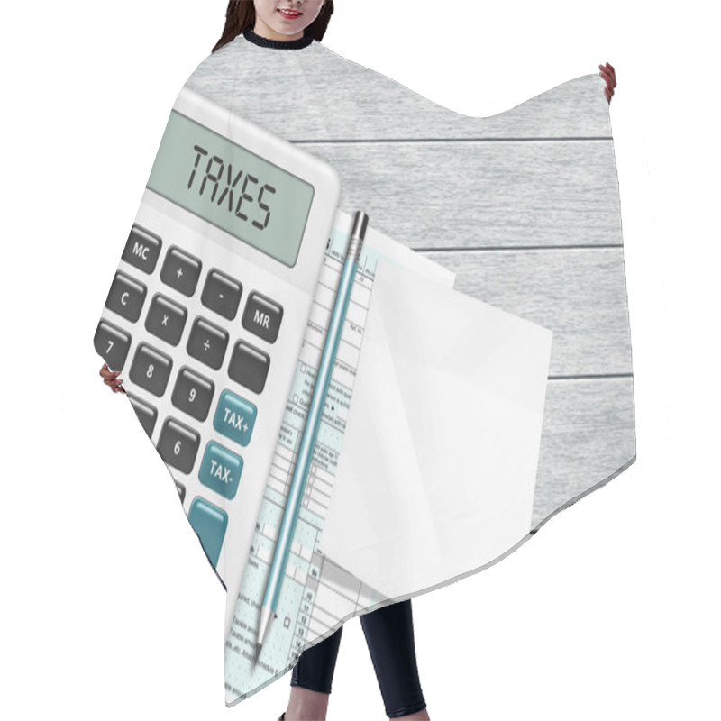 Personality  1040 Tax Form With Calculator And Note Lying On Wooden Desk  Hair Cutting Cape