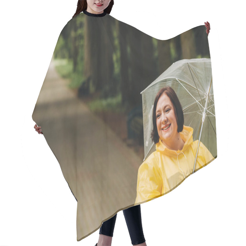 Personality  A Woman In A Yellow Raincoat And An Umbrella Walks In The Park And Garden In Summer. Hair Cutting Cape