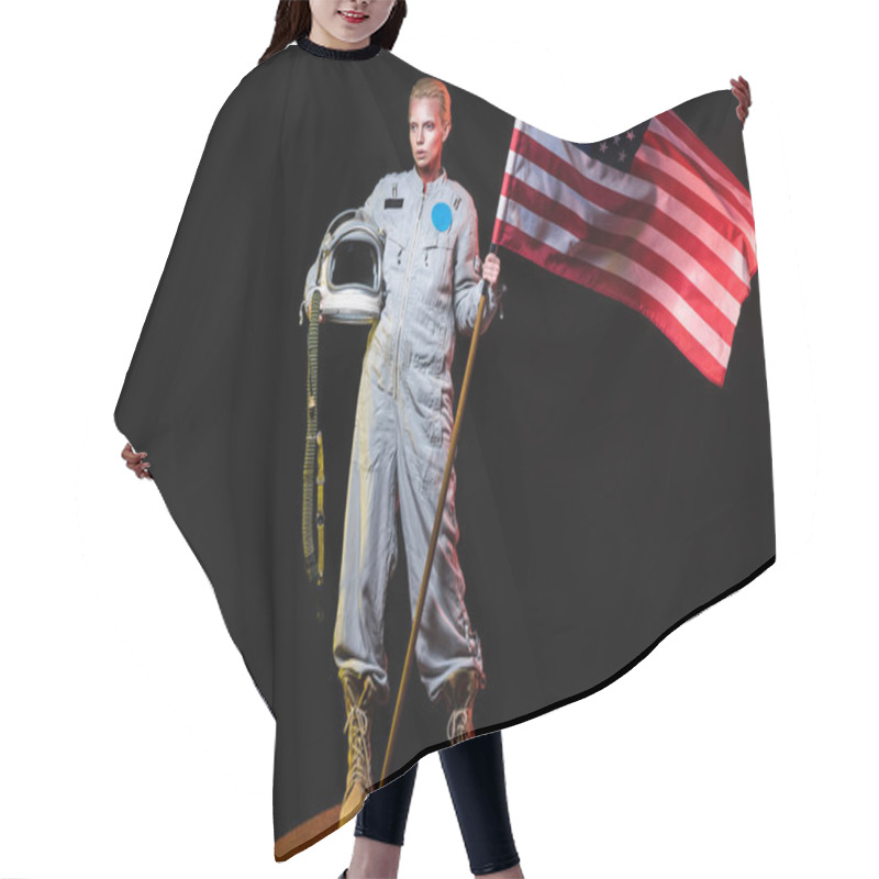 Personality  Spacewoman In Spacesuit Holding Helmet And American Flag On Mars Hair Cutting Cape