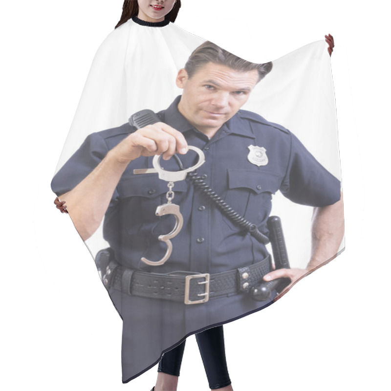 Personality  Uniformed Police Officer Holding Handcuffs Hair Cutting Cape