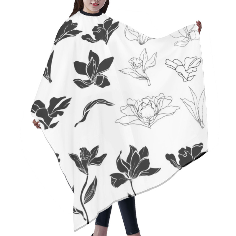 Personality  Set Of Black And White Lily, Magnolia And Vanilla Flowers, Collection Of Black Outlines And Silhouettes Cut Out On A White Background. Torafari, Funeral Set. Hair Cutting Cape