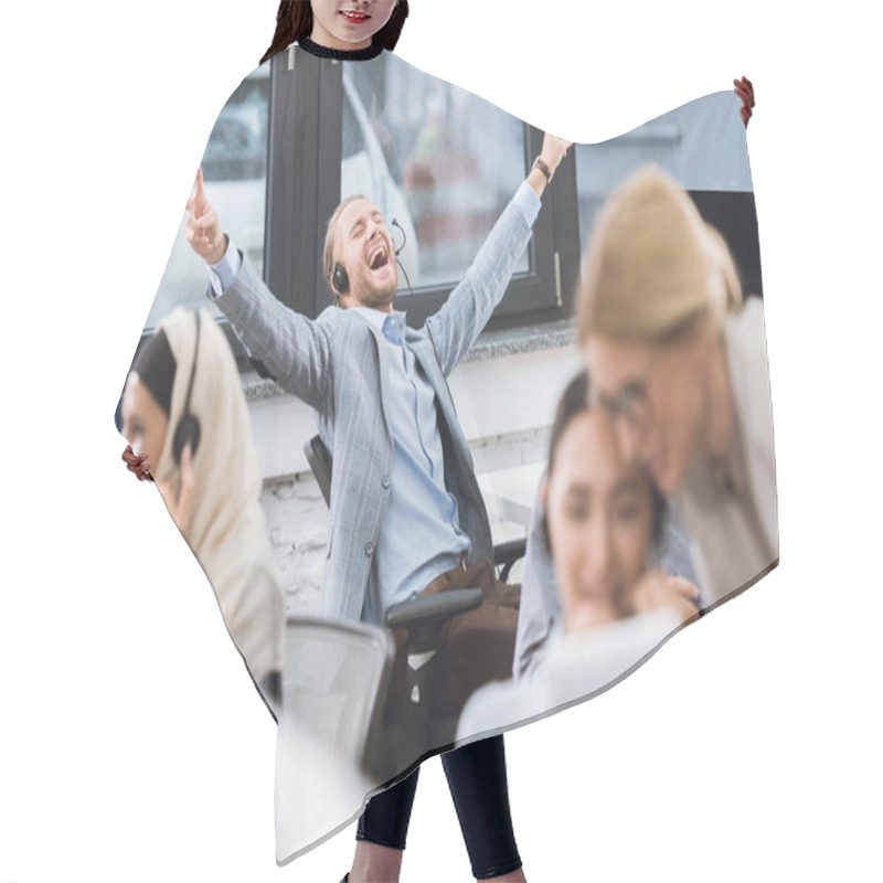 Personality  Happy Businessman At Workplace Hair Cutting Cape