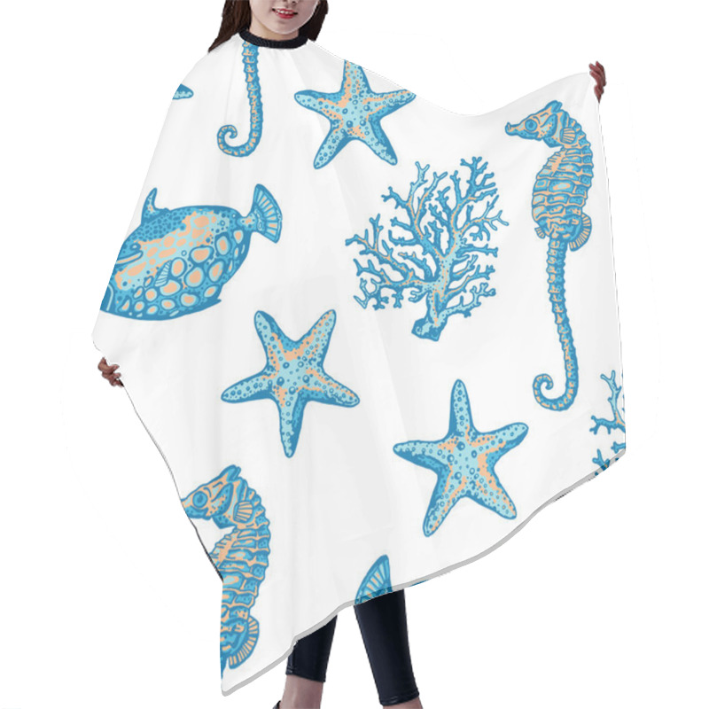 Personality  Seamless Pattern With Starfish, Coral, Fish, Seahorse. Hand Draw Hair Cutting Cape