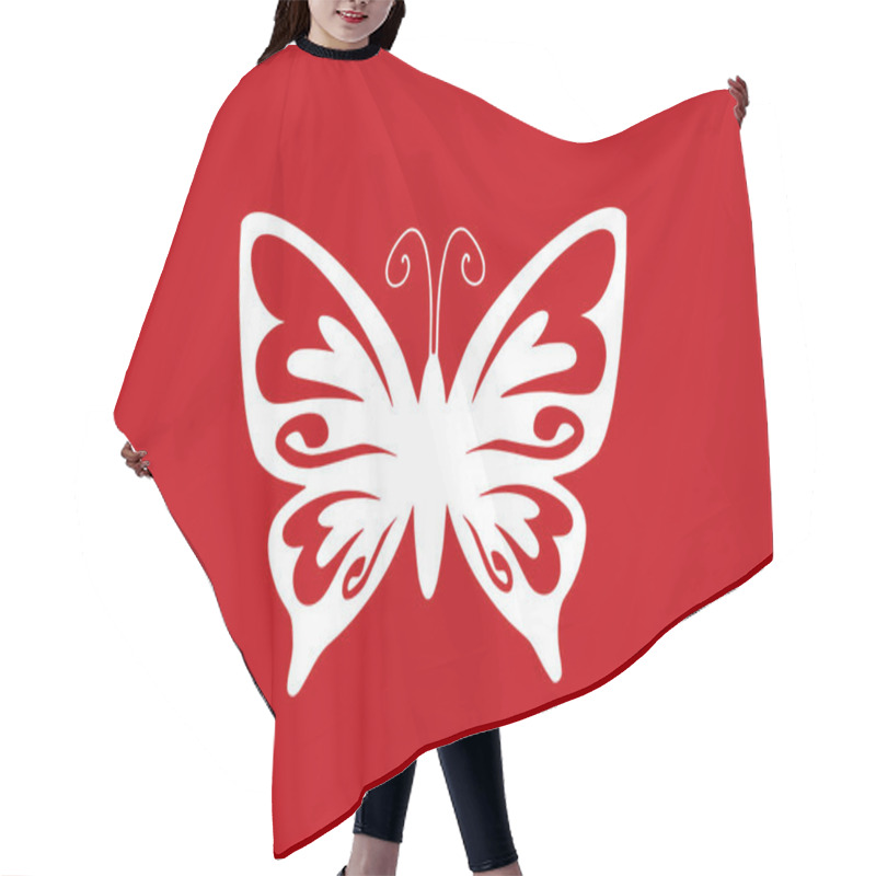 Personality  Butterfly Motif Or White Butterfly Isolated On Red Background.  Hair Cutting Cape