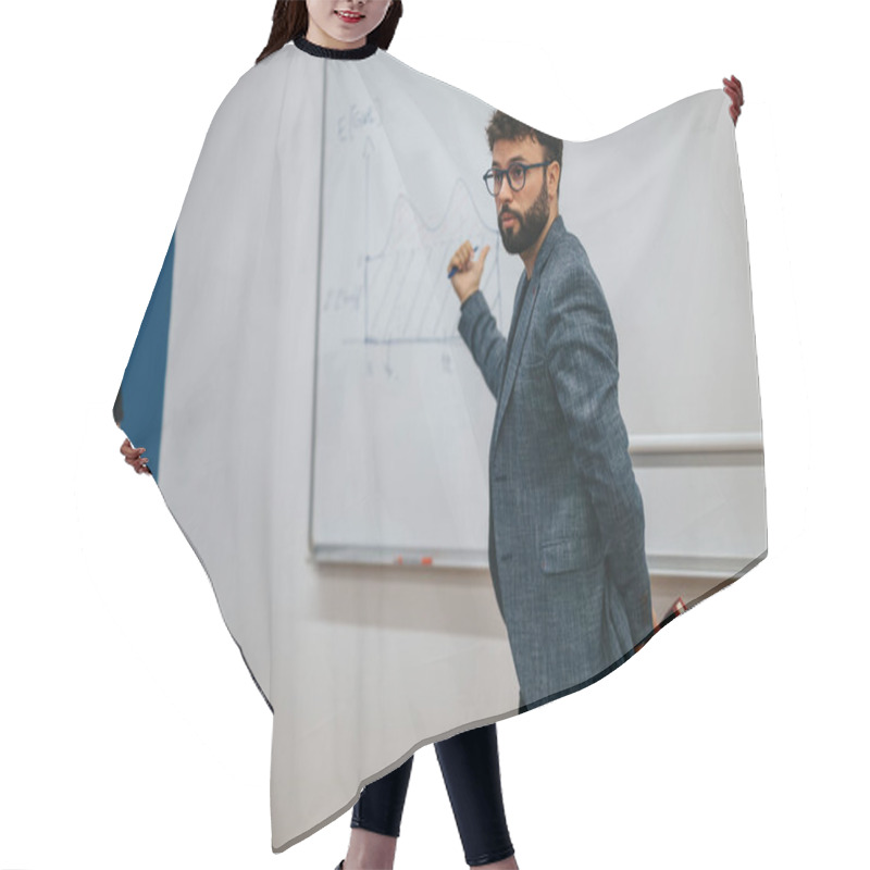 Personality  A Teacher Explains Graph Analysis To A Student In A Modern Classroom Setting. The Image Captures An Interactive Learning Environment, Highlighting Education And Academic Engagement. Hair Cutting Cape