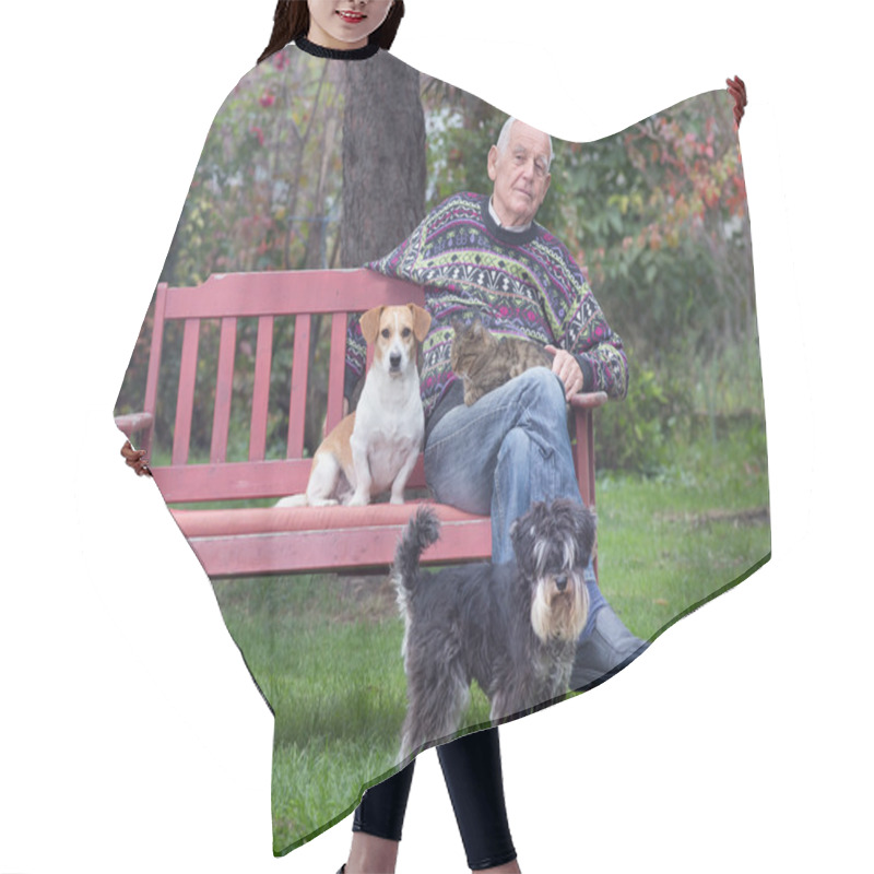 Personality  Senior Man With Dogs And Cat Hair Cutting Cape