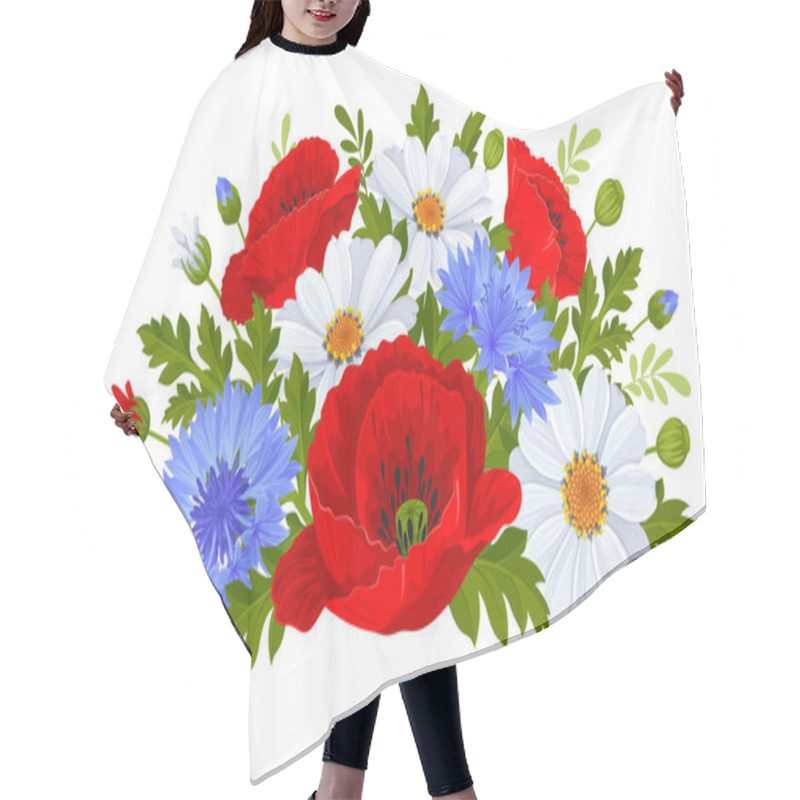 Personality  Gentle Bouquet Of Wildflowers. Red Poppy, White Daisy, Blue Cornflower, Leaves And Buds. Vector Illustration. Hair Cutting Cape