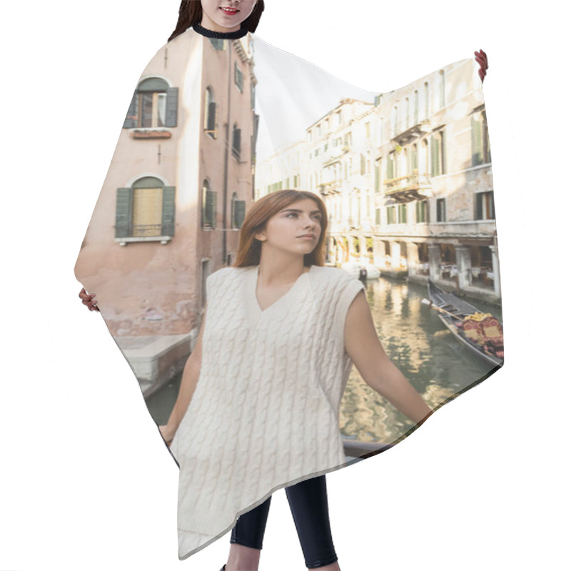 Personality  Pretty Young Woman Standing Near Fence Over Canal In Venice And Looking Away Hair Cutting Cape