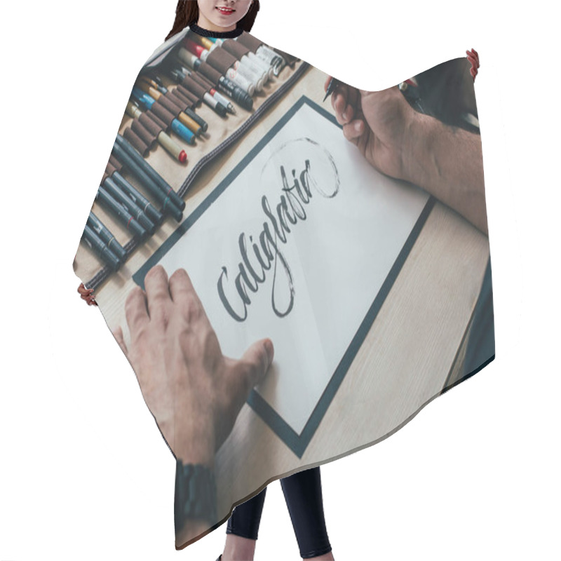 Personality  Man Learning Calligraphy Lettering Handwriting On Drawing Paper At Table With Pencil Case Hair Cutting Cape