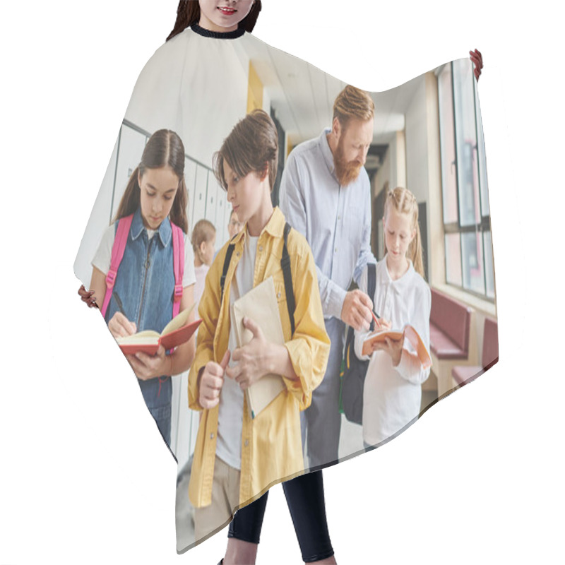 Personality  A Diverse Group Of People, Including A Man Teacher, Walking Down A Hallway Lined With Lockers In A School Setting. Hair Cutting Cape