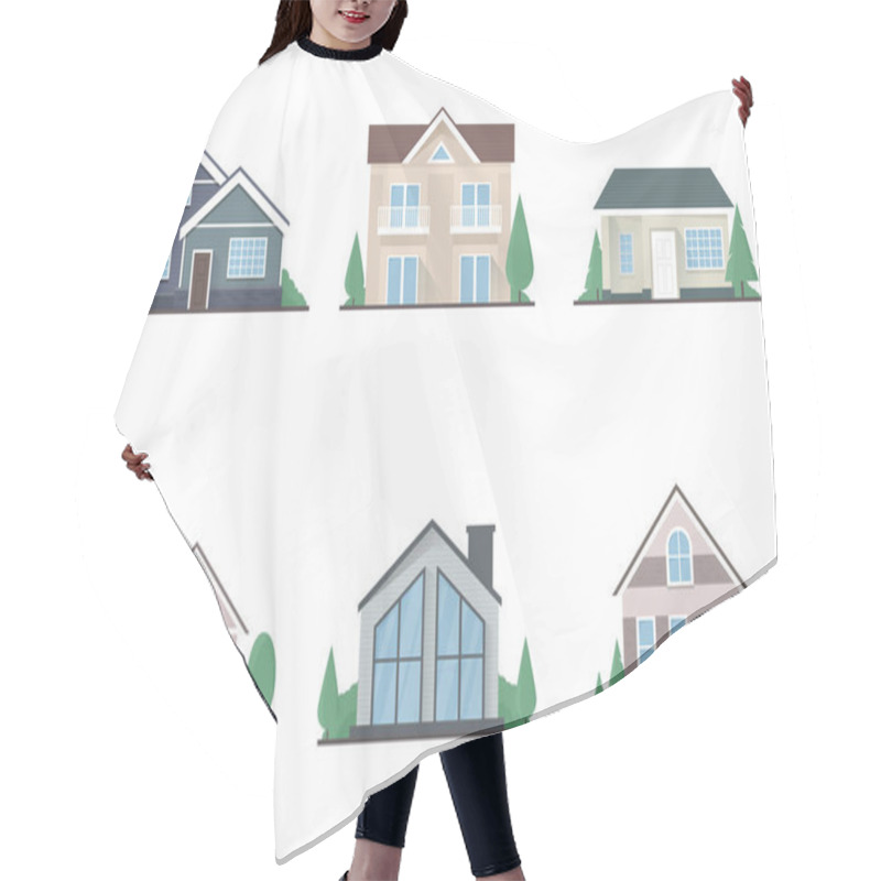 Personality  Set Of Vector One-storey And Two-storey Isolated Flat Private Houses On A White Background With Trees Hair Cutting Cape