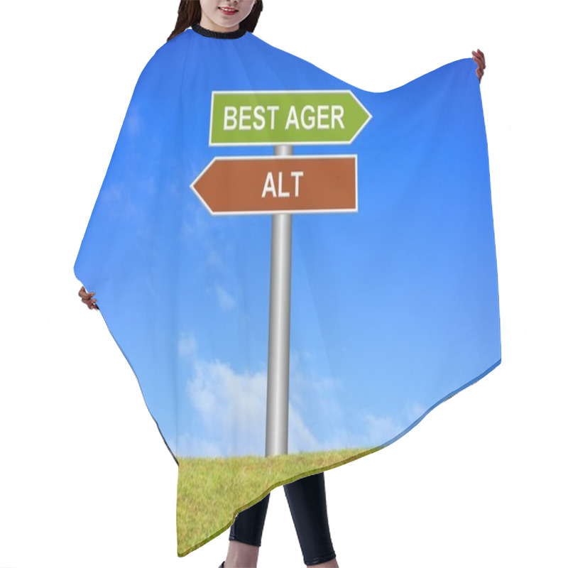 Personality  Signpost Showing Old Or Best Ager In German Language Hair Cutting Cape