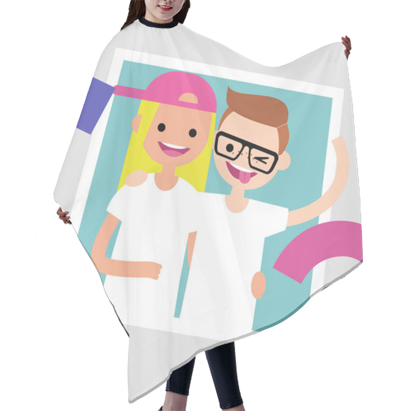 Personality  Best Friends Photo Frame. Two Young Friends Hugging Each Other. Flat Editable Vector Illustration, Clip Art Hair Cutting Cape