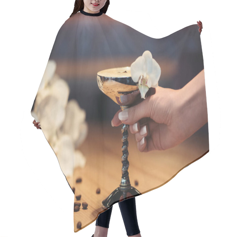 Personality  Cropped View Of Woman Holding Alcoholic Cocktail In Metal Glass Decorated With Orchid Flower And Coffee Beans Hair Cutting Cape