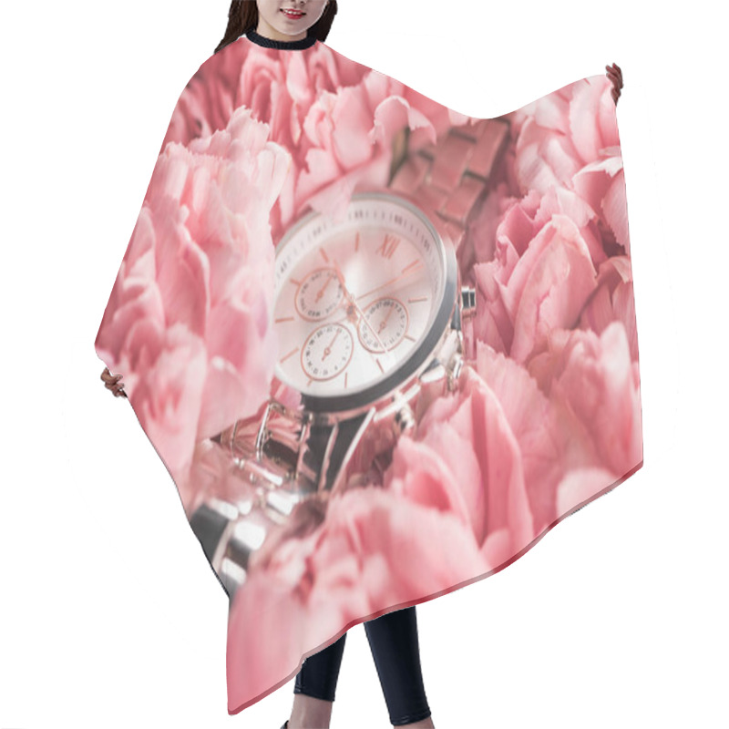 Personality  Elegant Wristwatch Lying On Blooming Pink Flowers Hair Cutting Cape