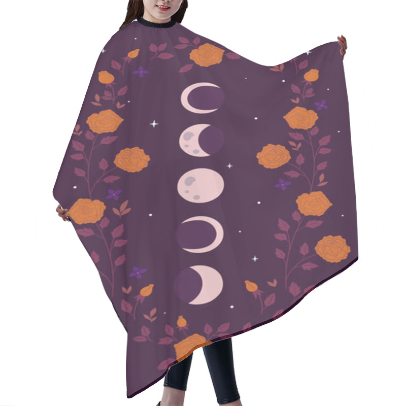 Personality  Moon Phases And Flowers On A Purple Background. Vector Image. Hair Cutting Cape