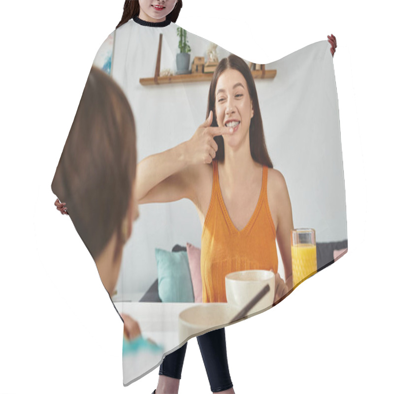 Personality  A Mother Enjoys Breakfast With Her Hearing Impaired Son, Sharing Smiles And Connection. Hair Cutting Cape