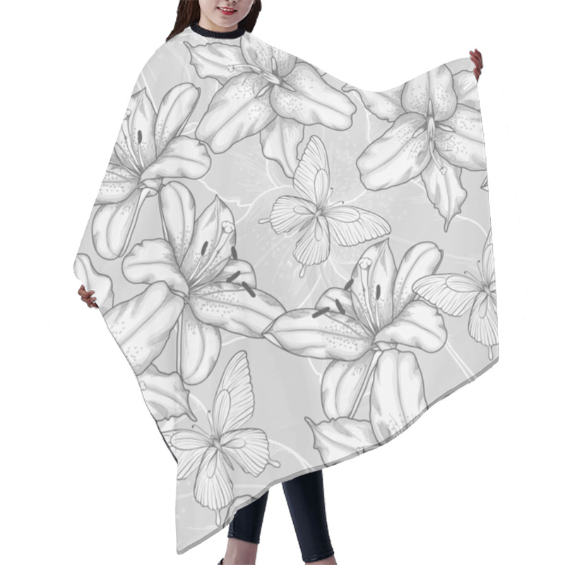 Personality  Black And White Seamless Background With Lilies And Butterflies. Hair Cutting Cape