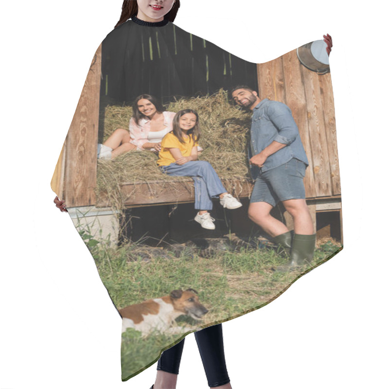 Personality  Happy Couple Looking At Camera Near Haystack In Barn And Dog On Foreground Hair Cutting Cape