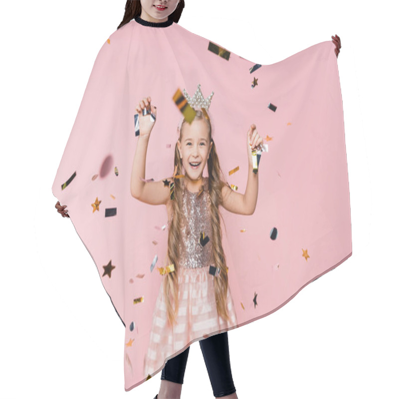 Personality  Cheerful Little Girl In Crown And Dress Near Falling Confetti On Pink  Hair Cutting Cape