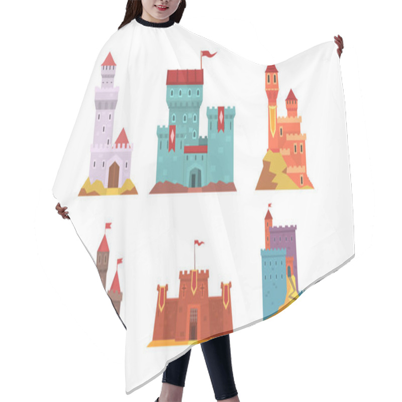 Personality  Medieval Fairytale Castles Collection, Ancient Fortified Fortresses And Palaces With Flags Vector Illustration Hair Cutting Cape