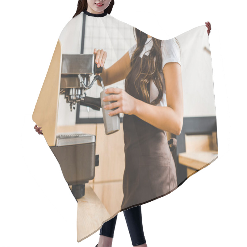 Personality  Cropped View Of Attractive Brunette Barista Holding Cup And Making Coffee With Machine In Coffee House Hair Cutting Cape