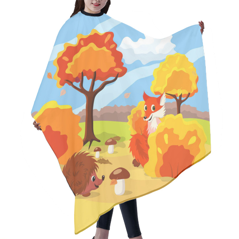 Personality  Autumn Forest Landscape With Forest Animals. Fox And Hedgehog. Hair Cutting Cape