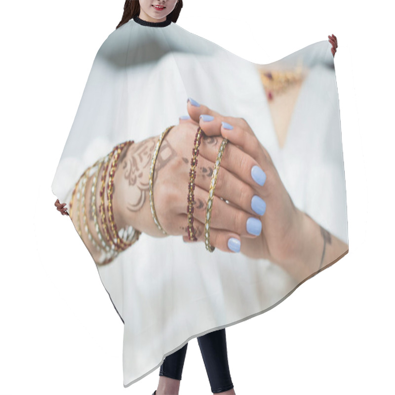 Personality  Cropped View Of Indian Bride With Mehndi Wearing Bracelets  Hair Cutting Cape