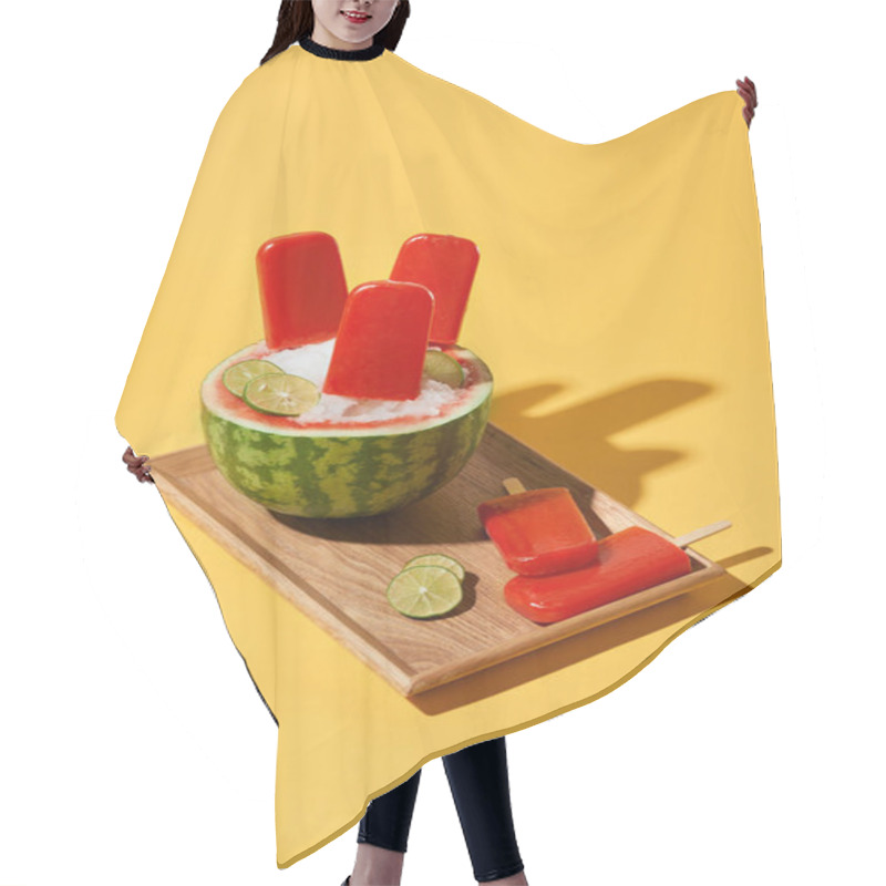 Personality  Watermelon Popsicle On Wood Tray Over Yellow Background Hair Cutting Cape