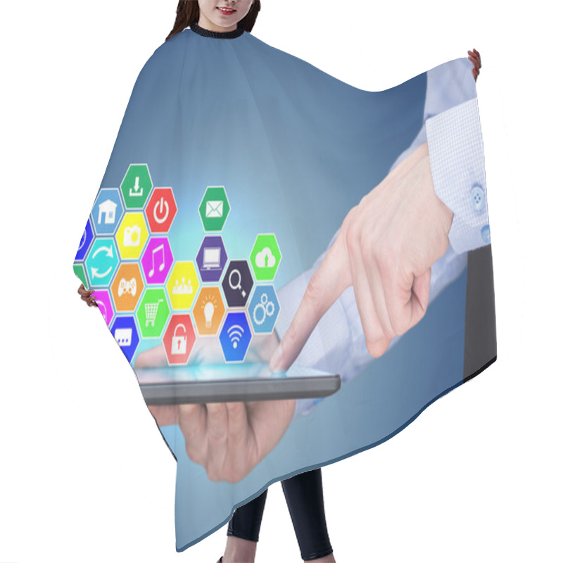 Personality  Businessman Holding A Tablet Pc With Mobile Applications Icons On Virtual Screen . Internet And Business Concept. Hair Cutting Cape