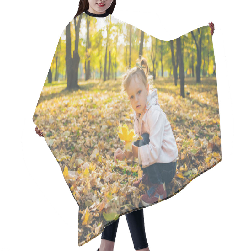 Personality  Little Smiling Blond Cute Toddler Girl At Autumn City Park Fall Season Hair Cutting Cape