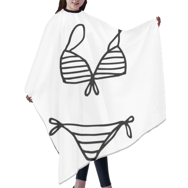 Personality  Hand Drawn Women Swimsuit In Doodle Style. Swimwear Vector Illustration Isolated On White Background. Hair Cutting Cape