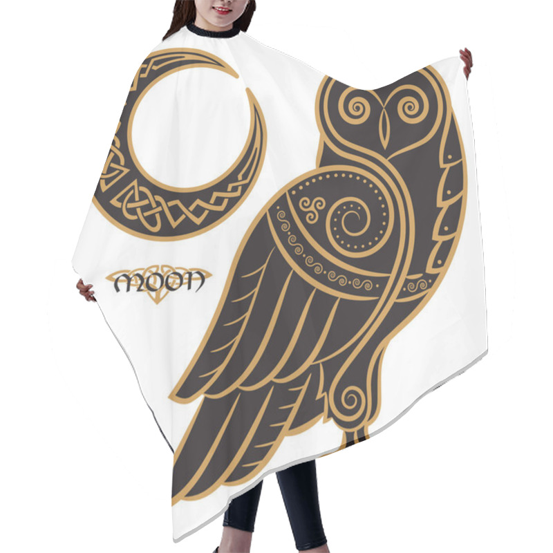 Personality  Owl Hand-drawn In Celtic Styl, On The Background Of The Celtic Moon Ornament Hair Cutting Cape