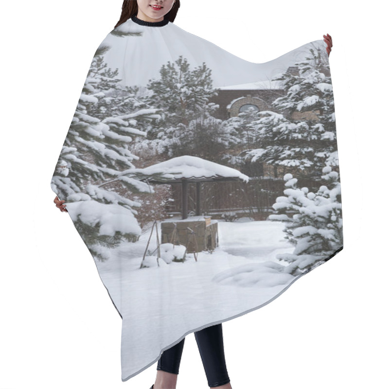 Personality  Backyard Patio.Landscape  With Barbeque Area, Snowbanks Of White Snow, Pine Trees In Country Garden. Country Life Concept. Hair Cutting Cape