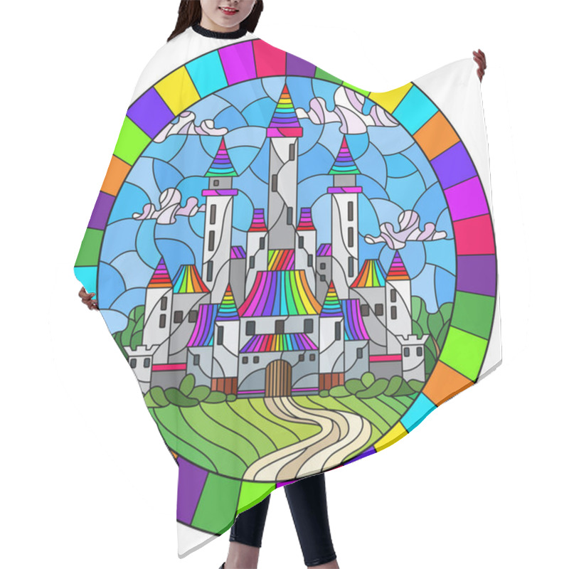 Personality  Illustration In Stained Glass Style Landscape With Old Castle On The Background Of Cloudy Sky And Meadows, Oval Image In Bright Frame Hair Cutting Cape