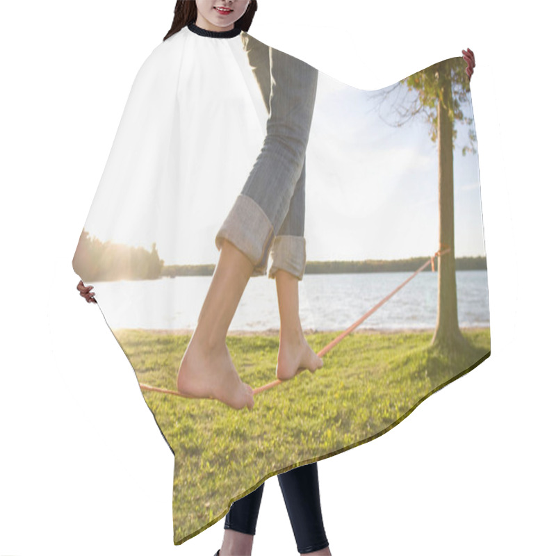 Personality  Woman Balancing On Slackline Hair Cutting Cape